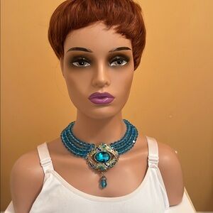 Blue Beaded Statement Necklace with Crystal Pendant